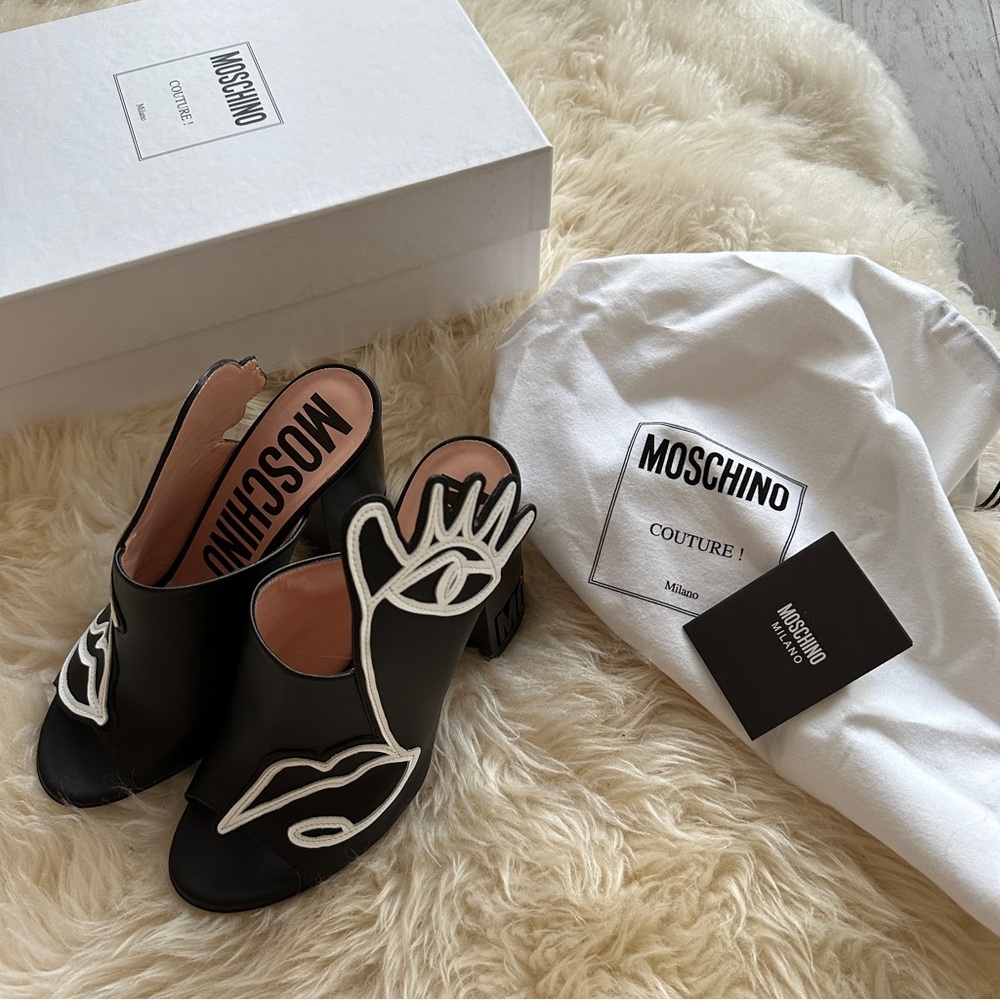 Moschino Black and White Embroidered Mules